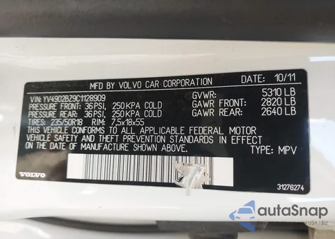2012 Volvo Xc70 T6 Premier Plus from USA, damaged, VIN YV4902BZ9C1128909